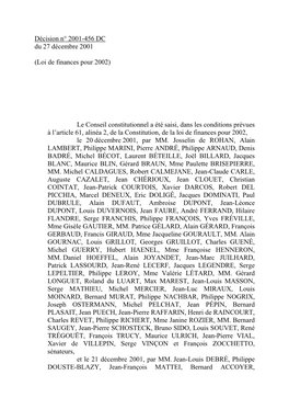 Décision N° 2001-456 DC Du 27 Décembre 2001