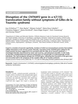 Disruption of the CNTNAP2 Gene in a T(7;15) Translocation Family Without Symptoms of Gilles De La Tourette Syndrome