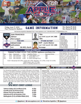 GAME INFORMATION N-L Home #1 (0-0) Wenatchee Applesox Baseball Club | | 509-665-6900 | Info@Applesox.Com