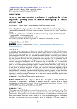 A Survey and Assessment of Grasshoppers' Population in Various Sugarcane Growing Areas of Harion Municipality in Sarlahi Distr