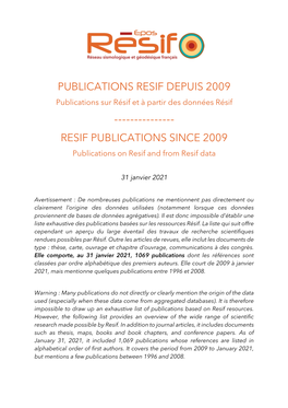 Publications Resif Depuis 2009 Resif Publications Since 2009