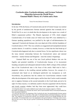 Czechoslovakia, Czechoslovakismus, and German National Minorities Between the World Wars: Emanuel Rádl’S Theory of a Nation and a State