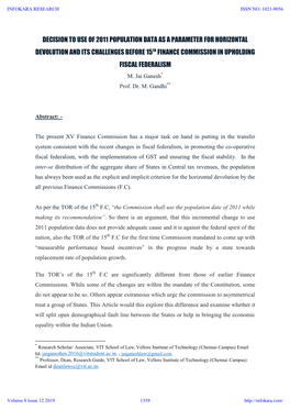 Decision to Use of 2011 Population Data As a Parameter for Horizontal Devolution and Its Challenges Before 15Th Finance Commission in Upholding Fiscal Federalism M