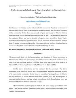 Species Richness and Abundance of Macro Invertebrates in Sabarmati River, Gujarat