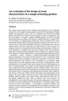 An Evaluation of the Design of Room Characteristics of a Sample of Healing Gardens