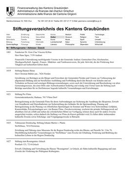 Stiftungsverzeichnis Des Kantons Graubünden