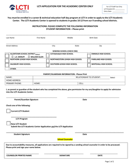 LCTI APPLICATION for the ACADEMIC CENTER ONLY for LCTI Staff Use Only LCTI Student ID: ______Entry Date: ______