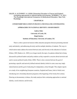 (2009) Citizenship Education in France and England: Contrasting Approaches to National Identity and Diversity in BANKS, J