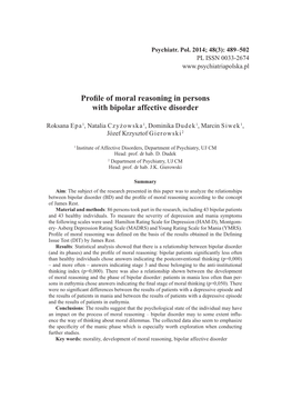 Profile of Moral Reasoning in Persons with Bipolar Affective Disorder