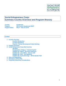 Social Entrepreneur Corps Summary Country Overview and Program Itinerary