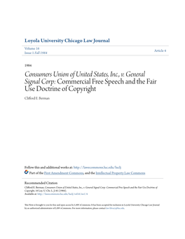 Consumers Union of United States, Inc., V. General Signal Corp: Commercial Free Speech and the Fair Use Doctrine of Copyright Clifford E