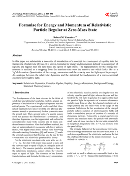 Formulae for Energy and Momentum of Relativistic Particle Regular at Zero-Mass State