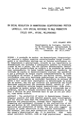 On Social Regulation in Nannotrigona (Scaptotrigona) Postiça Latreille, with Special Reference to Male Production Cycles (Hym., Api Dae, Meliponinae)