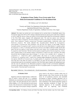 Evaluation of Some Timber Trees Grown Under West Delta Environmental Conditions in New Reclaimed Soils