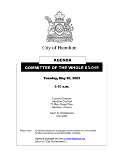 Committee of the Whole Agenda for May 20, 2003