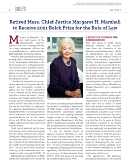 Retired Mass. Chief Justice Margaret H. Marshall to Receive 2021 Bolch Prize for the Rule of Law