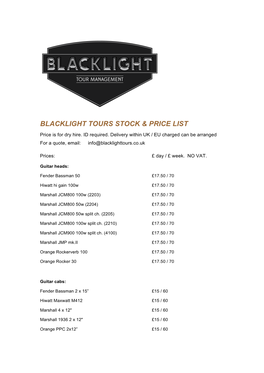 Backline Price List