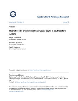 Habitat Use by Brush Mice (Peromyscus Boylii) in Southeastern Arizona