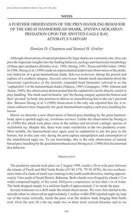 A Further Observation of the Prey-Handling Behavior of the Great Hammerhead Shark, Sphyrna Mokarran: Predation Upon the Spotted Eagle Ray, Aetobatus Narinari