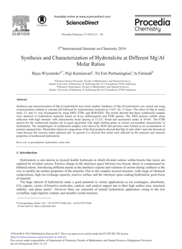 Synthesis and Characterization of Hydrotalcite at Different Mg/Al Molar Ratios