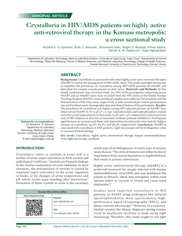 Crystalluria in HIV/AIDS Patients on Highly Active Anti-Retroviral Therapy in the Kumasi Metropolis; a Cross Sectional Study