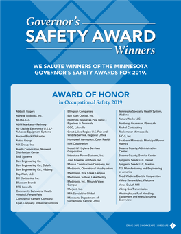 WE SALUTE WINNERS of the MINNESOTA GOVERNOR's SAFETY AWARDS for 2019. in Occupational Safety 2019