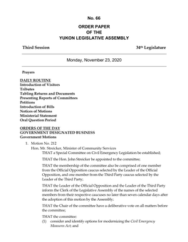 Order Paper of the Yukon Legislative Assembly