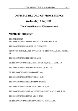 OFFICIAL RECORD of PROCEEDINGS Wednesday, 6 July