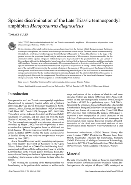 Species Discrimination of the Late Triassic Temnospondyl Amphibian Metoposaurus Diagnosticus