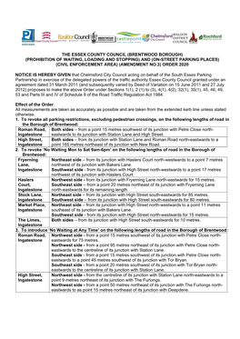 Brentwood Borough) (Prohibition of Waiting, Loading and Stopping) and (On-Street Parking Places) (Civil Enforcement Area) (Amendment No.3) Order 2020