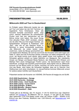 PRESSEMITTEILUNG 16.08.2019 Millencolin 2020 Auf Tour In