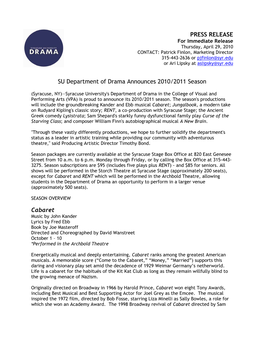 PRESS RELEASE SU Department of Drama Announces 2010/2011 Season Cabaret