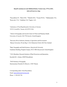 1 Runoff Variations in Lake Balkhash Basin, Central Asia, 1779 to 2015, Inferred from Tree Rings 1Panyushkina I.P., 1Meko D.M