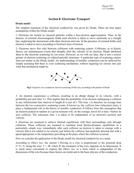 Section 8: Electronic Transport Drude Model the Simplest Treatment of the Electrical Conductivity Was Given by Drude