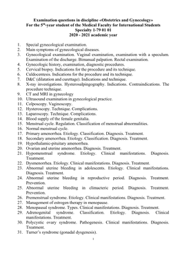 Examination Questions in Discipline «Obstetrics and Gynecology» for the 5Th-Year Student of the Medical Faculty for Internati