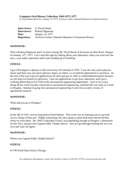 G. Floyd Steele Interviewer: Robina Mapstone Date: January 16, 1973 Repository: Archives Center, National Museum of American History