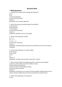 Question Bank * MCQ Questions 1