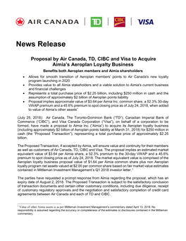 Proposal by Air Canada, TD, CIBC and Visa to Acquire Aimia's