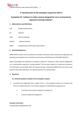 Cadmium in Video Cameras Designed for Use in Environments Exposed to Ionising Radiation”