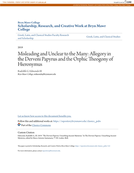 Misleading and Unclear to the Many: Allegory in the Derveni Papyrus and the Orphic Theogony of Hieronymus