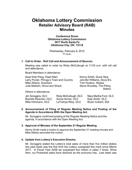 Oklahoma Lottery Commission Retailer Advisory Board (RAB) Minutes
