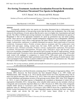 Pre-Sowing Treatments Accelerate Germination Percent for Restoration of Fourteen Threatened Tree Species in Bangladesh G.N.T