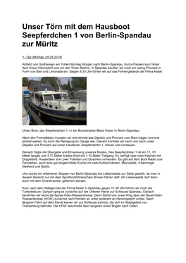 Unser Törn Mit Dem Hausboot Seepferdchen 1 Von Berlin-Spandau Zur Müritz