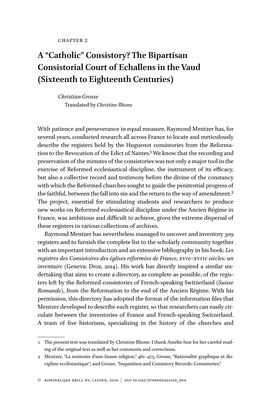 A “Catholic” Consistory? the Bipartisan Consistorial Court of Echallens in the Vaud (Sixteenth to Eighteenth Centuries)