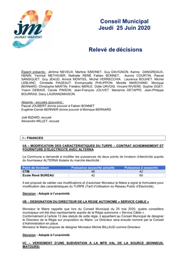 Conseil Municipal Jeudi 25 Juin 2020 Relevé Dedécisions