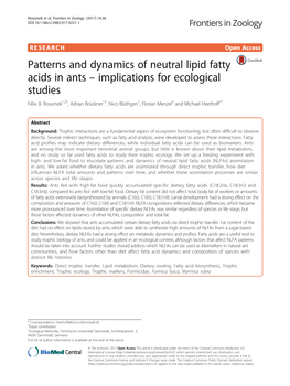 Patterns and Dynamics of Neutral Lipid Fatty Acids in Ants – Implications for Ecological Studies Félix B