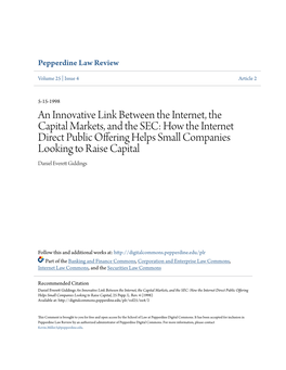 How the Internet Direct Public Offering Helps Small Companies Looking to Raise Capital Daniel Everett Idding Gs