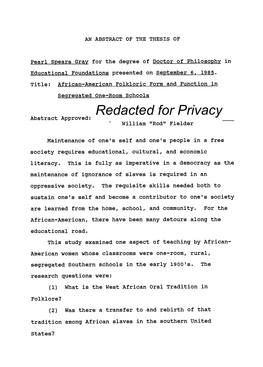 African-American Folkloric Form and Function in Segregated One-Room Schools Redacted for Privacy Abstract Approved: William 