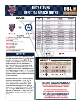 Indy Eleven Official Match Notes