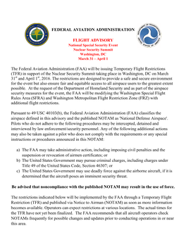 FAA) Will Be Issuing Temporary Flight Restrictions (TFR) in Support of the Nuclear Security Summit Taking Place in Washington, DC on March 31St and April 1St, 2016